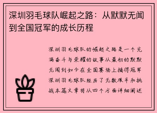 深圳羽毛球队崛起之路：从默默无闻到全国冠军的成长历程