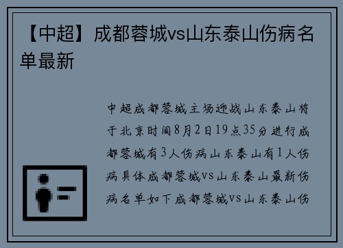 【中超】成都蓉城vs山东泰山伤病名单最新