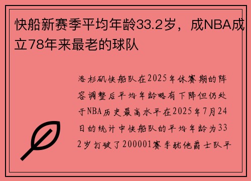 快船新赛季平均年龄33.2岁，成NBA成立78年来最老的球队